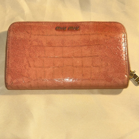 Miu Miu Handbags - Miu Miu Coral Croc-Embossed Wallet